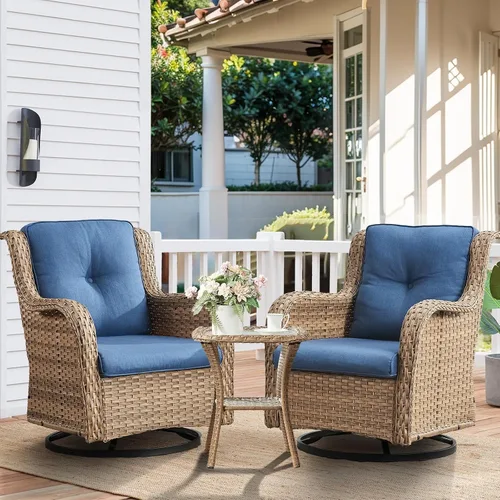 Vista 81 de HUMMUH Juego de 2 Sillas Giratorias Mecedoras de Mimbre para Patio Exterior, Juego de Muebles de Sillas Mecedoras de Ratán (Marrón, Azul) 50,000