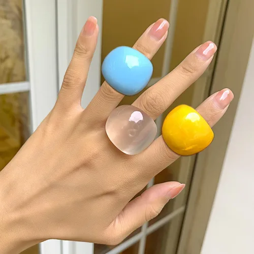 Vista 2 de Juego de anillos coloridos de acrílico grueso de banda ancha, anillos de resina gruesos para nudillos, anillos apilables, joyería Y2K para mujer