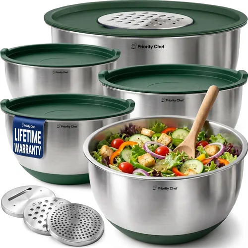 Vista 14 de Priority Chef Juego de tazones para mezclar de acero inoxidable con tapas, 3 accesorios para rallar, tapas herméticas, base de silicona