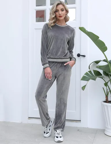 Vista 2 de Totatuit Conjunto de 2 piezas de terciopelo para mujer, sudadera de manga larga sin botones y pantalones con bolsillo
