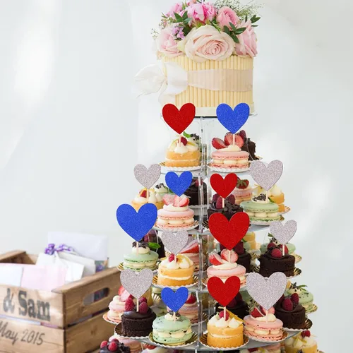 Vista 6 de 30 piezas de decoración para cupcakes con diseño de corazón con purpurina para cupcakes, boda, compromiso, despedida de soltera, decoración de Azul