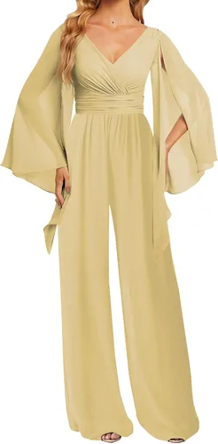 Vista 4 de JAEDEN Dama De Honor Pantalones De Gasa Monos - Dama De Honor Manga Larga Cuello