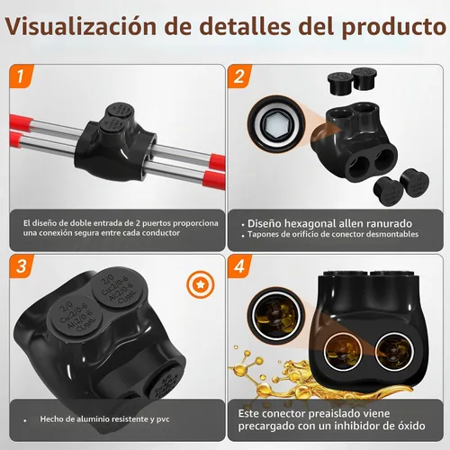 Vista 3 de Conector de cable de 2 puertos con aislamiento múltiple de calibre 2/0-6, conectores de cable de aluminio a cobre de doble entrada, conector