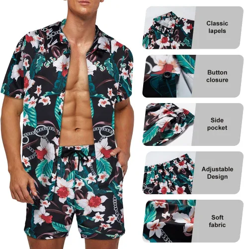 Vista 5 de Camisa hawaiana de 2 piezas para hombre, camisa de manga corta con botones