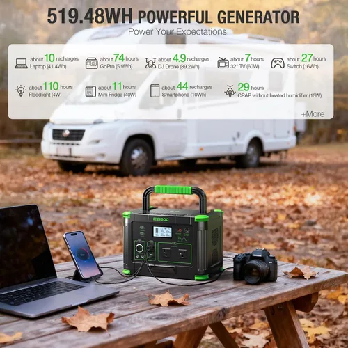 Vista 4 de Estación de energía portátil de 500 W (pico de 1000 W), 2 salidas de CA de 120 V y PD USB-C de 60 W, banco de energía portátil de 10 salidas
