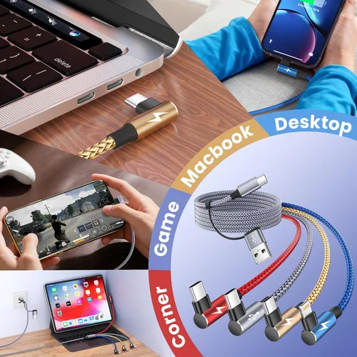 Vista 6 de Cable USB A/C a USB C en ángulo recto, cable de carga trenzado tipo C de 90 grados, cable de carga USB C 4 en 2, cable de carga universal