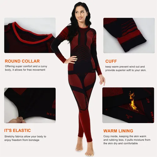 Vista 4 de Conjunto de ropa interior térmica para mujer, pantalones largos de invierno, capa base cálida, conjunto superior e inferior para esquiar