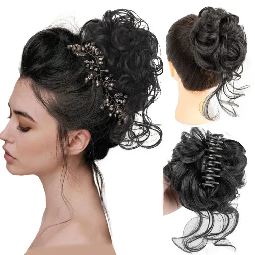 Vista 10 de 2 piezas de Extensiones de Cabello Estilo Moño Despeinado, QIAORUIXIN Extensiones de Cabello Superlargas Estilo Moño Alborotado, Envoltura Ondulada