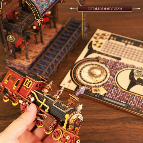 Vista 6 de Kit de rincón de libros, kit de bricolaje en miniatura de casa de muñecas con tren de vapor, rompecabezas de madera 3D para colgar libros con LED