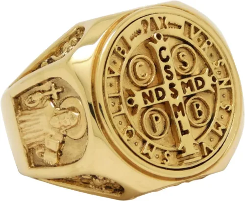 Vista 8 de Anillo de hombre San Benito de Oro Sólido Cristiano Católico