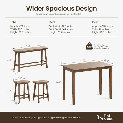 Vista 2 de PHI VILLA Juego de mesa de comedor de granja para 4 espacios pequeños, mesa y sillas de altura de mostrador con banco, juego de mesa de cocina alta