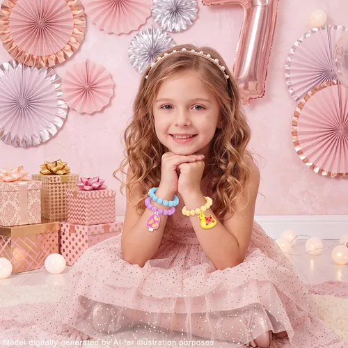 Vista 4 de PinkSheep Pulsera con colgante de cuentas de unicornio para niños y niñas, 6 unidades, arcoíris, monstruo, sol, flor, corazón, meteorito, amuleto