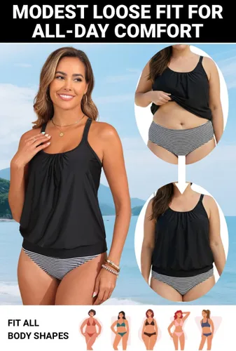 Vista 4 de Tempt Me Blouson - Traje de baño tankini de dos piezas para mujer, con control de abdomen, con parte inferior, modesto y holgado