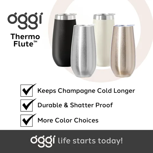 Vista 7 de OGGI Thermo Flute 'Celebrate Collection' - Vaso de copa de champán con aislamiento de acero inoxidable, grano de madera, 6 onzas, con tapa