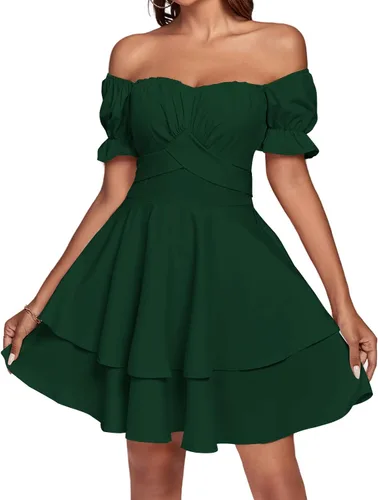 Vista 5 de LYANER Minivestido de manga corta con volantes y hombros descubiertos para mujer