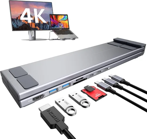Vista 10 de Base de acoplamiento USB C de 5 en 1 con soporte para portátil de aluminio ajustable, concentrador USB C con 4 puertos USB A 3.0 con transferencia