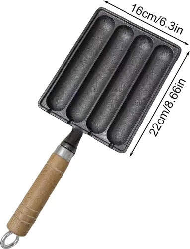 Vista 2 de Sartén para salchichas, Sartén de salchicha de hierro fundido, Bandeja antiadherente para hornear con mango de madera antiescaldado, sartén