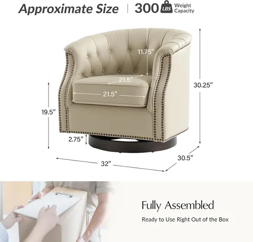 Vista 2 de HULALA HOME Silla mecedora giratoria de cuero auténtico, totalmente montada Beige