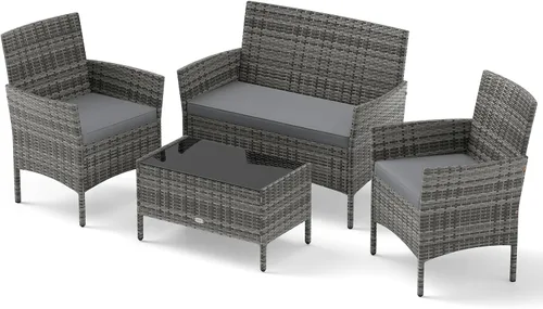 Vista 11 de RELAX4LIFE Juego de muebles de patio de 4 piezas – Juego de muebles de ratán para conversación al aire libre con cojines, mesa de centro de cristal