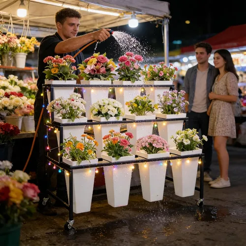 Vista 3 de Soporte de exhibición de flores de metal de 3 niveles, carrito móvil resistente para plantas de flores con 12 cubos y ruedas con bloqueo, estante