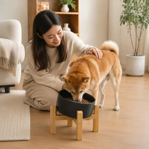 Vista 7 de hjn Cuenco elevado de cerámica para perros/cuencos elevados de cerámica para perros con soporte de bambú, comedero elevado inclinado de 15°