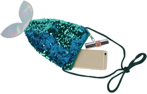 Vista 4 de o pescado portátil adorable bolsa chica azul diseño brillante cola hombro sirena niños monedero teléfono almacenamiento lentejuelas, Picture 1