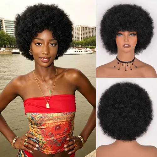Vista 40 de Vitorish Peluca corta afro rizada con flequillo para mujeres negras, peluca sintética resistente al calor, color negro natural, para uso diario
