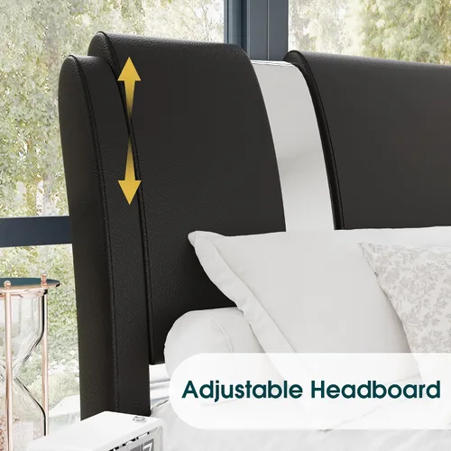Vista 4 de WEEWAY Base de cama tamaño Queen con decoración moderna de piezas de hierro, cama de plataforma de piel sintética con cabecera ajustable curvada