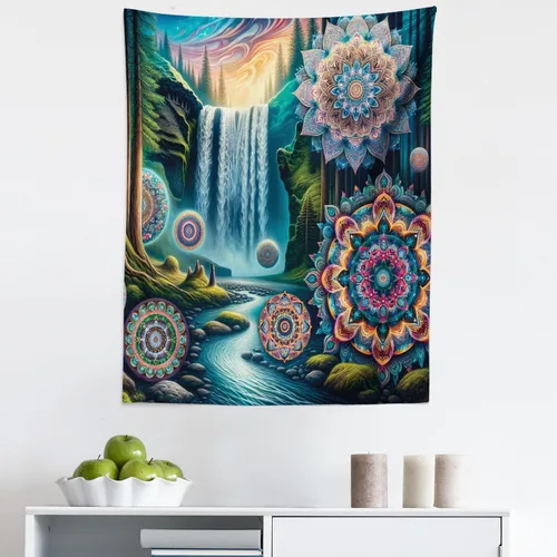 Vista 159 de Ambesonne Tapiz Trippy, vista panorámica de la cascada con bosques de ensueño y mandala oriental psicodélico, decoración de tela para colgar