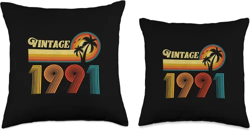 Vista 3 de Vintage 1991 Birthday Gift for Men Women 35 Years Retro Palm Throw Pillow