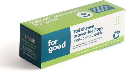 Vista 5 de for: good Bolsas de basura compostables para cocina de 13 galones de alto, forro biodegradable con cordón, bolsas de basura extra fuertes