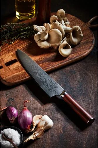Vista 6 de Hammer Stahl Cuchillo de chef de Damasco de 9 pulgadas Cuchillo de cocina profesional con mango de palisandro Cuchillo de cocina de Damasco