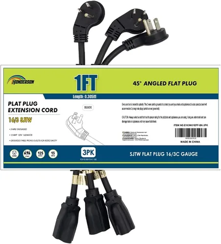 Vista 23 de Cable de extensión de enchufe plano para interiores, certificación UL, calibre 14, 3 pies, negro, 3 clavijas, resistente, cable de alimentación SJTW