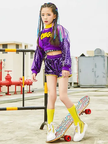 Vista 5 de LOLANTA Disfraces de baile de lentejuelas para niñas, pantalones cortos de malla con camiseta sin mangas, trajes de baile hip hop para niños