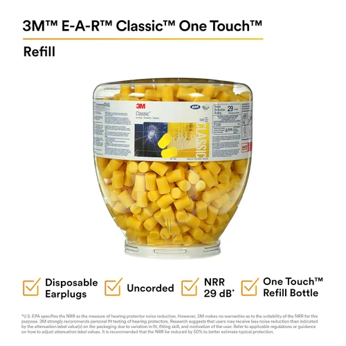 Vista 2 de 3M E-A-R Classic One Touch Refill 391-1001, botella de 500 pares de tapones desechables para los oídos, sin cable, clasificación de reducción