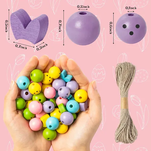 Vista 3 de Eartim Cuentas de madera de conejo de Pascua para manualidades, 121 cuentas redondas de conejo colorido con cordel rústico de granja, kit