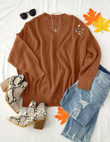 Vista 5 de ZESICA Women's 2024 Fall Casual Long Sleeve Crew Neck Side Slit Oversized Ribbed Knit Pullover Sweater Tops