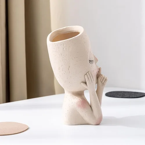 Vista 6 de Macetero de cabeza, macetas con agujero de drenaje, macetas únicas con ojos cerrados, macetas de cabeza de resina para plantas