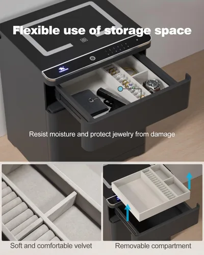 Vista 3 de TIGERKING Caja fuerte biométrica 3 en 1, caja fuerte inteligente para el hogar con estación de carga, cajón de armas, iluminación ajustable segura