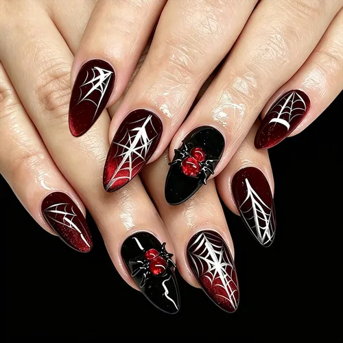 Vista 16 de Paquete de 6 144 uñas acrílicas de Halloween a presión, uñas postizas reutilizables de cobertura completa, uñas postizas adhesivas con pegamento H103