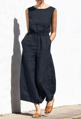 Vista 3 de chouyatou Overol elegante de lino sin mangas para mujer, overol casual de pierna ancha con pantalones