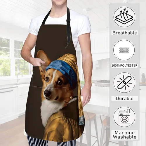 Vista 3 de Delantal Corgi divertido clásico estilo retrato con perro en Vermeer delantales impermeables