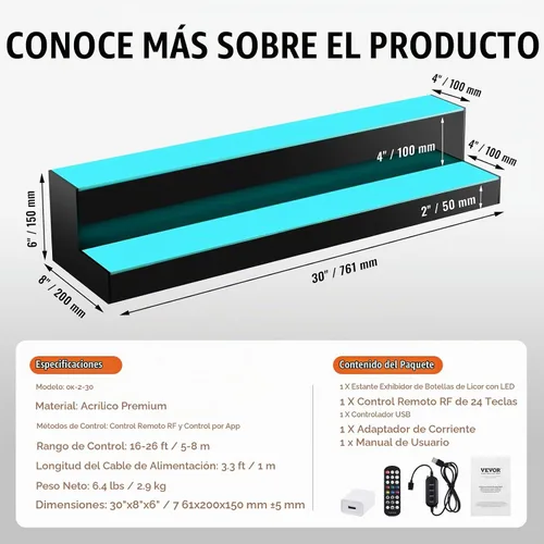 Vista 6 de VEVOR Pantalla de botella de licor con iluminación LED, 2 niveles de 30 pulgadas, compatible con USB, estante iluminado de bar para el hogar