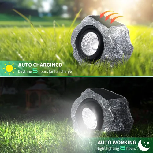 Vista 4 de Luces solares de roca para exteriores, foco de paisaje de roca sintética gris para patio Solar Landscape Lighting, Realistic Gray Rock Design