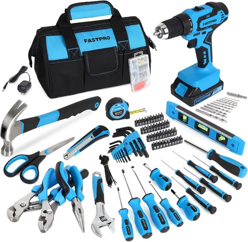 Vista 11 de FASTPRO 232 piezas 20 V Rosa inalámbrico Taladro de iones de litio y juego de herramientas para el hogar, kit de herramientas de reparación