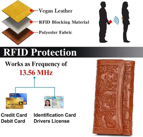 Vista 4 de MEITRUE Cartera de cuero para mujer, con bloqueo RFID, triple pliegue, con relieve, soporte para tarjetas, organizador de chequera para teléfono