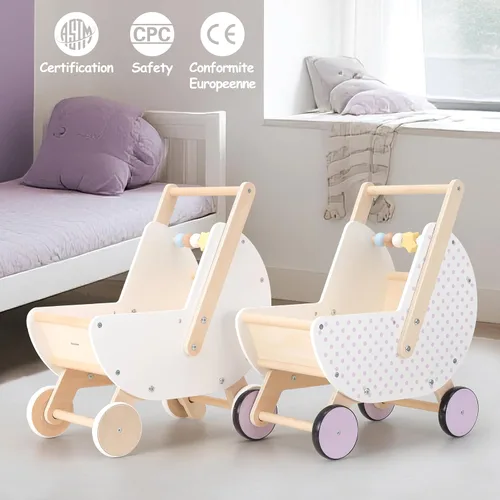 Vista 4 de Pillowhale Andador de madera y cochecito de muñeca – Carro de empuje con mango ajustable, antipunta, ruedas silenciosas, carrito de compras