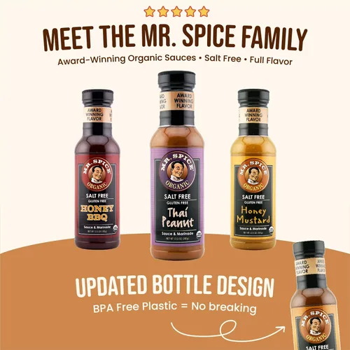 Vista 6 de Mr. Spice Salsa orgánica de jengibre para saltear, sin sal (0 mg/porción), sin gluten, salsas bajas en sodio para marinada, wok y freidora de aire