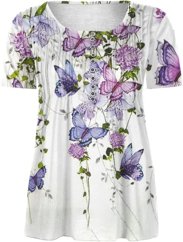 Vista 5 de SMIDOW Womens Tunic Tops Trendy Vintage Boho Shirts Short Sleeve Notch v Neck t-Shirt 2023 Casual Summer Blouse Empire Waist