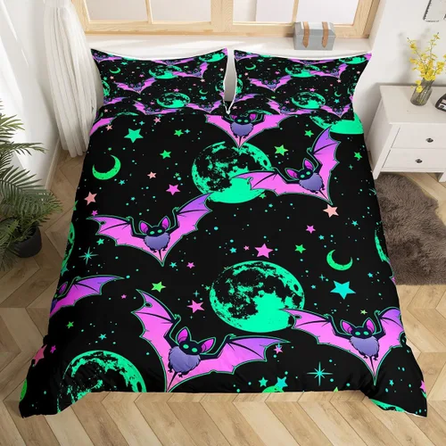 Vista 14 de Erosebridal Funda de edredón de calabaza con diseño de murciélagos para Halloween, juego de ropa de cama con sombrero de bruja, funda de edredón